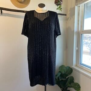 Black 100% Silk Beaded Sequin Sparkle Short Sleeve Knee Length Dress Size 22/24